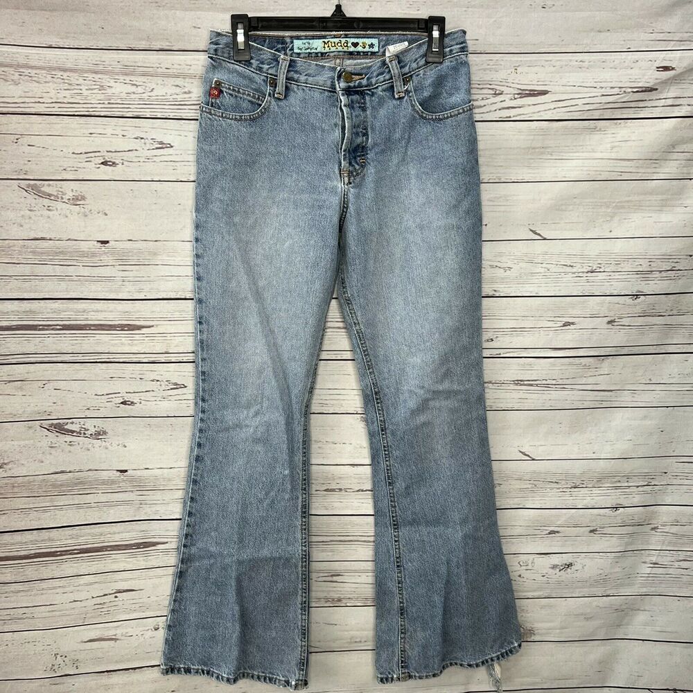 Vintage MUDD Flare Jeans Womens Size 7 Light Wash Button Fly Handprint Destroyed